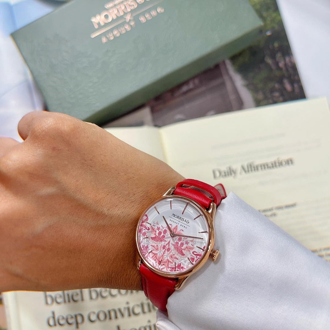 Rose Gold Simply Strawberry Thief Red Madder, レザー 30mm - August Berg (オーガストバーグ)