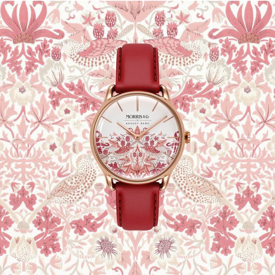 Rose Gold Simply Strawberry Thief Red Madder, レザー 30mm - August Berg (オーガストバーグ)