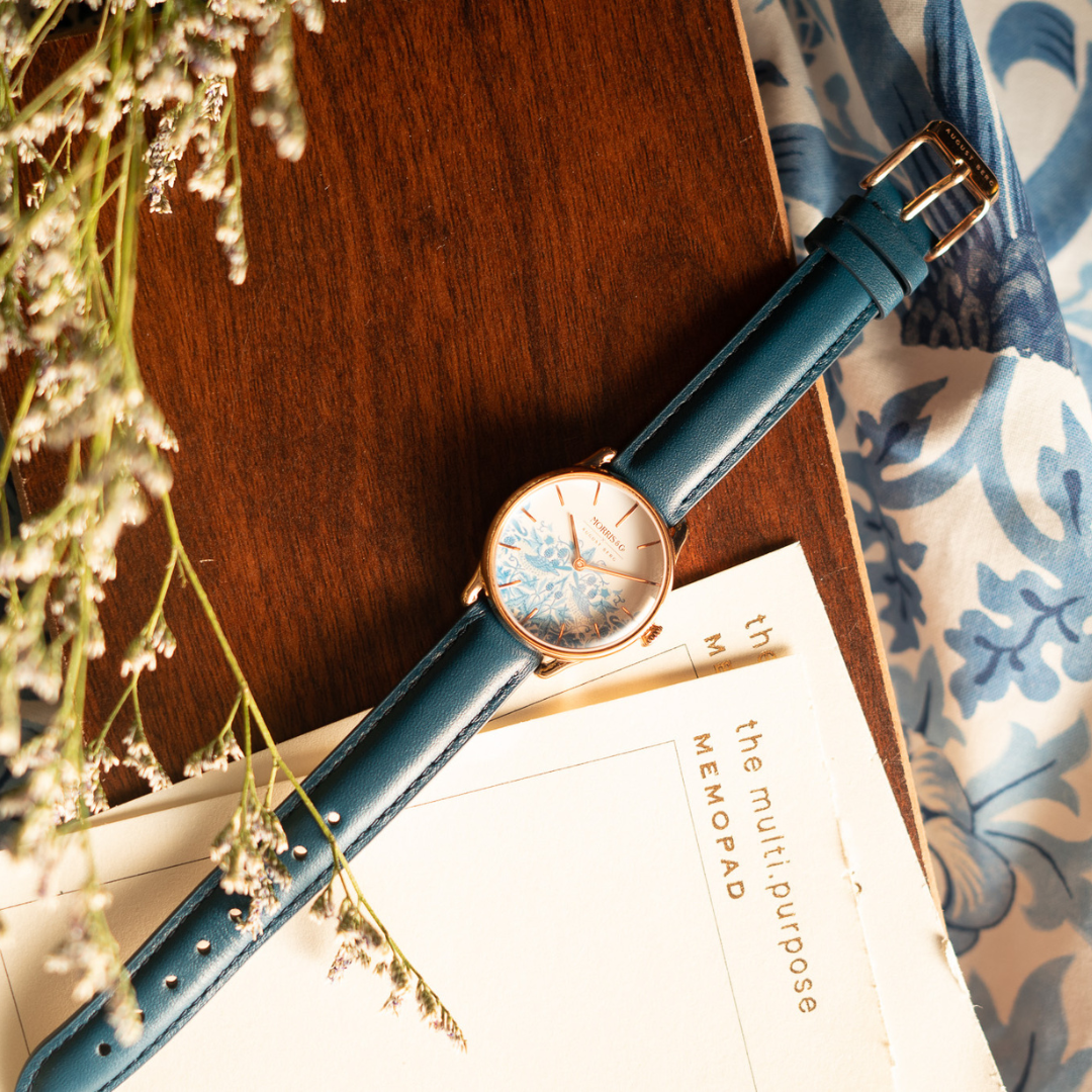 Rose Gold Simply Strawberry Thief Woad Blue, レザー 30mm - August Berg (オーガストバーグ)