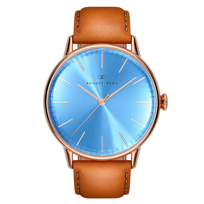 Sky Blue Dial Rose Gold Watch With Brown Strap – August Berg