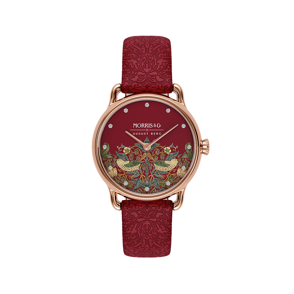August Berg Morris & Co Petite Strawberry Thief Rose Gold Crimson Leather Strap Watch - August Berg (オーガストバーグ)