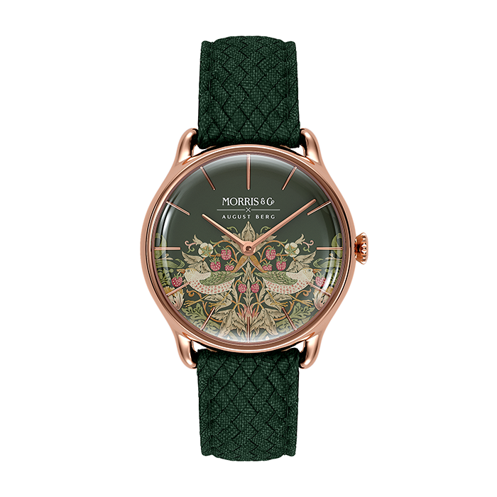 August BERG - Morris u0026 Co. FENNEL Rose Gold Strawberry Thief Green PERLON 30mm